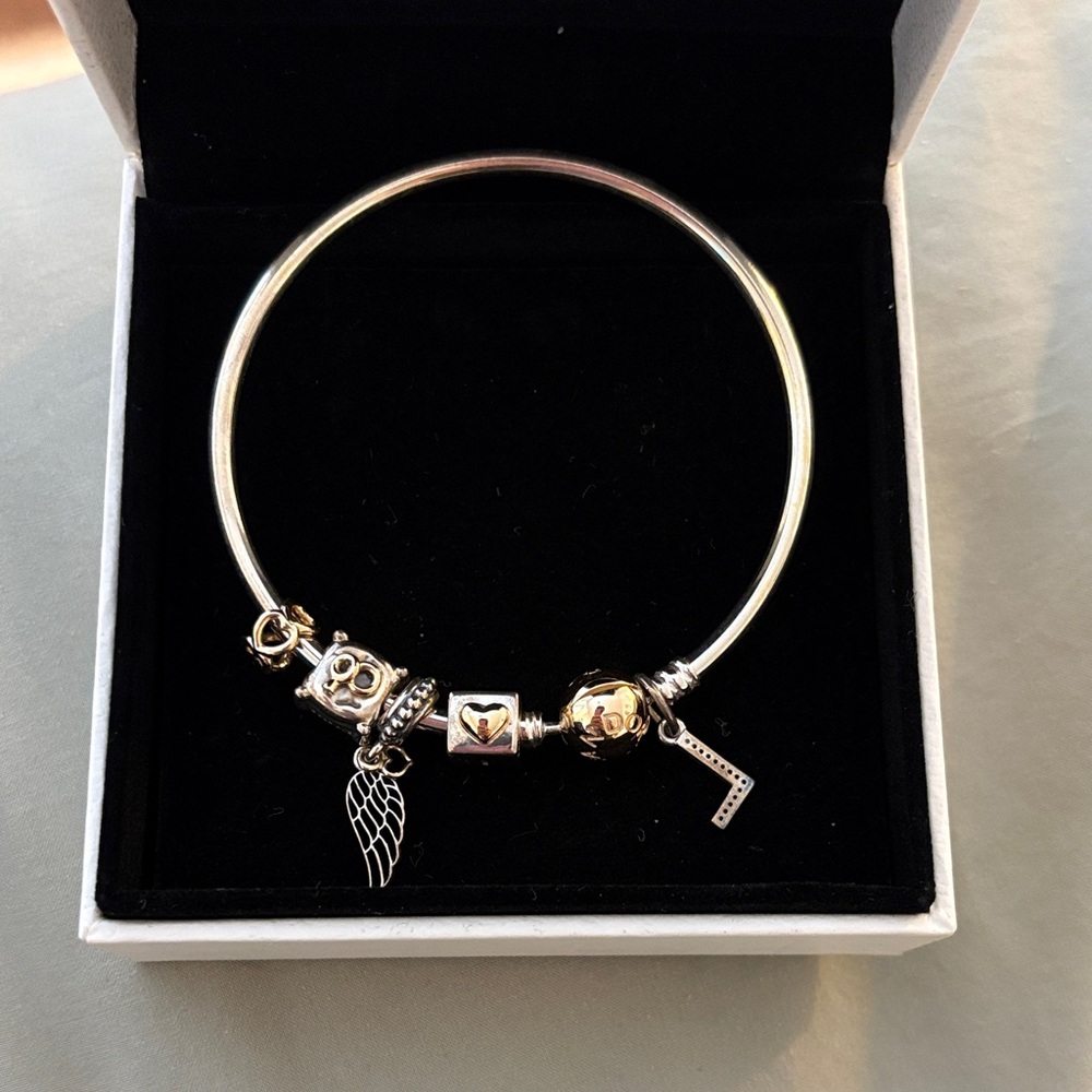 Pandora Silver Two-Tone Charm Bangle with Heart, Wing & Number Charms